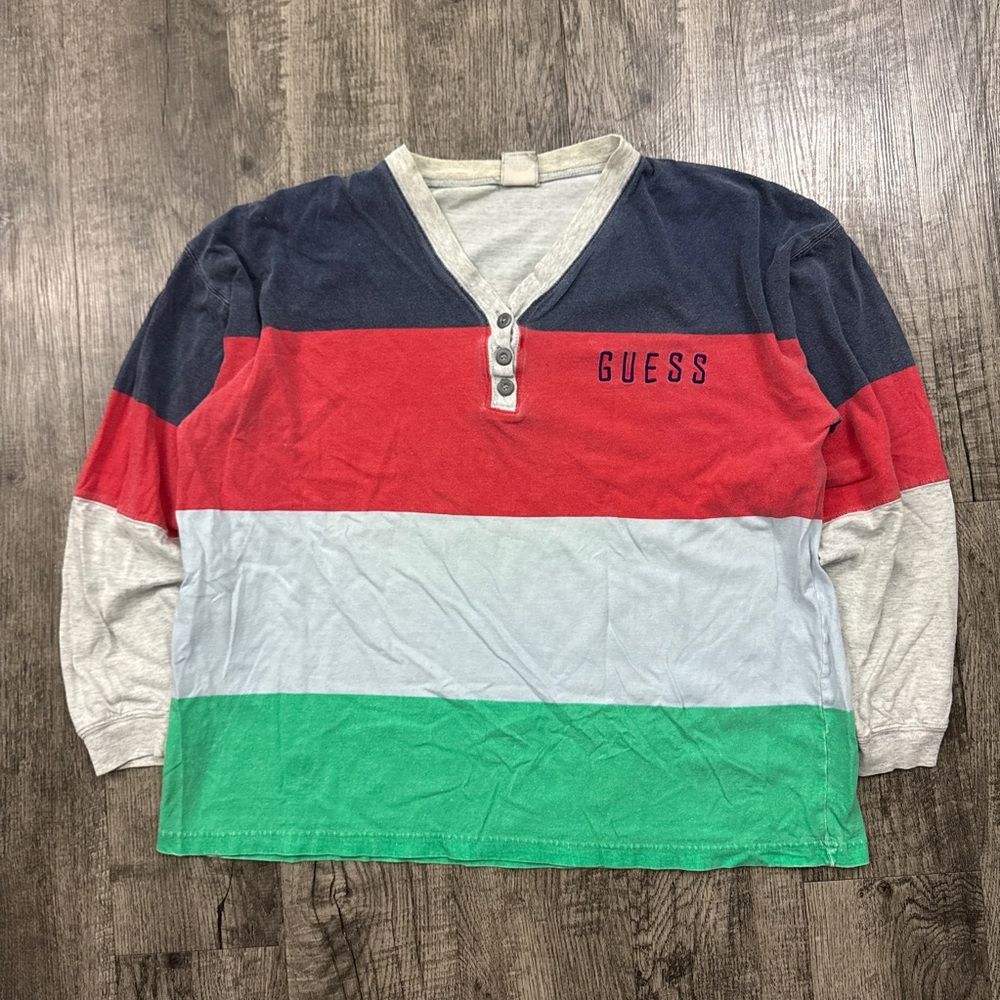 Vintage Guess Jeans Striped Color Block Henley Long Sleeve Shirt